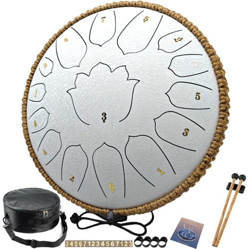 BETESINE 13-Inch 15-Note Steel Tongue Drum in C Major, Beginner-Friendly Meditation Drum with Mallets, Music Book, Finger Picks, Carry Bag & Note Stickers, Angel White - color: Angel White