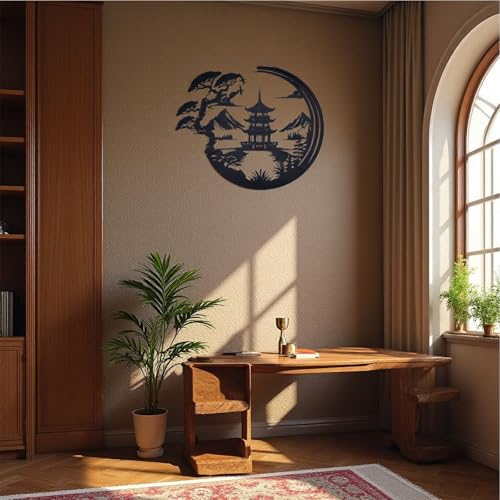 Japanese Bonsai Pagoda Metal Wall Art - Black Zen Asian Decor for Living Room, Bedroom & Office,lack Asian Inspired Wall Decor with Mountain and Tree Design, Wall Sculpture (11.8 x 9.8 Inches)
