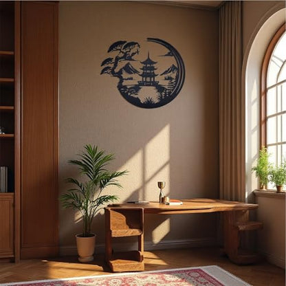 Japanese Bonsai Pagoda Metal Wall Art - Black Zen Asian Decor for Living Room, Bedroom & Office,lack Asian Inspired Wall Decor with Mountain and Tree Design, Wall Sculpture (11.8 x 9.8 Inches)