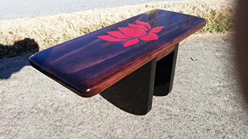 Hand Crafted Red Mahogany Stain Pi Meditation Bench Featuring Hand Painted Lotus Flower and Black Legs