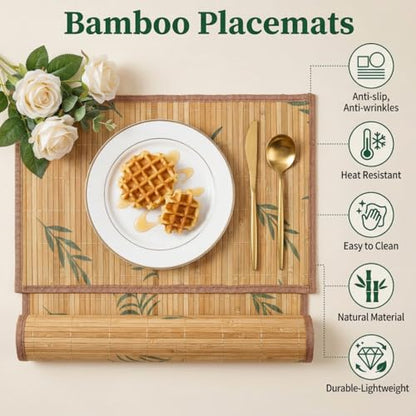 Eorbow 8 Pack Bamboo Placemats, 18 x 12 Inch Anti-Slip Table Mats, Heat Resistant Place Mats, Japanese Style Washable Placemats for Dining Room, Kitchen, Restaurant