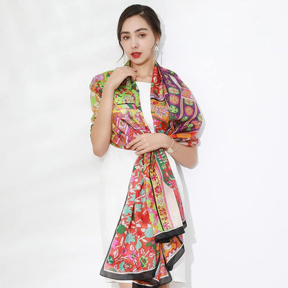 100% Mulberry Extra Large Silk Pashmina Scarf Shawls And Wraps For Women Evening Dress Summer Travel Floral Blanket - color: Orange Mosaic Dream