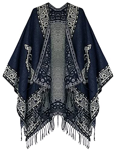 Urban CoCo Women's Retro Style Vintage Pattern Tassel Poncho Shawl Cape Wraps For Women - color: Series 2-navy Blue