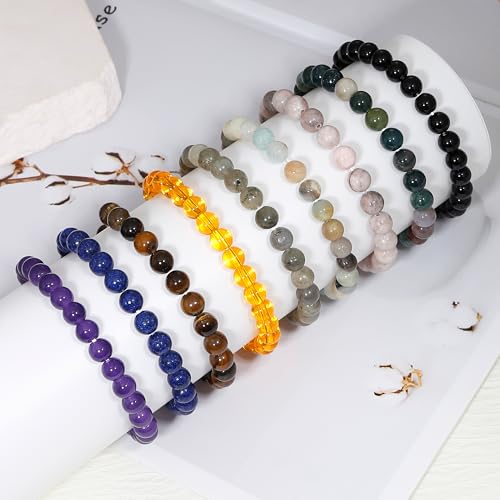 BOMAIL 9Pcs Healing Crystal Bracelets for Women Men 4mm 6mm 8mm Natural Stone Beaded Stretch Bracelet Set Handmade Gemstone Reiki Spiritual Jewelry Gifts - color: C:8mm