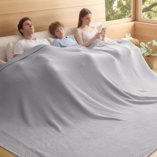 Bedsure 100% Cotton Oversized King Blanket for Spring Summer, Waffle Weave Couch Cover California King Blanket, Thin Lightweight Breathable Bedding Gifts for Women, Men, Teens, Grey, 120"x94" - color: Grey, size: Oversized King (120" X 94")