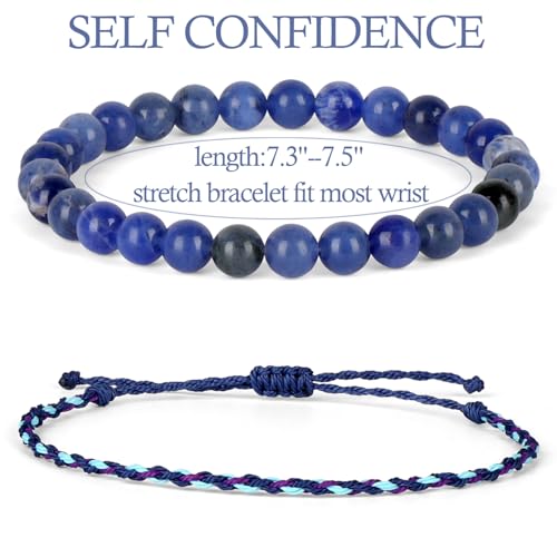 QOGIR 2pcs Handmade Healing Bracelet, Natural Gem Stone Crystal Elastic Bracelet - color: Blue Sodalite(Self Confidence), size: 6mm