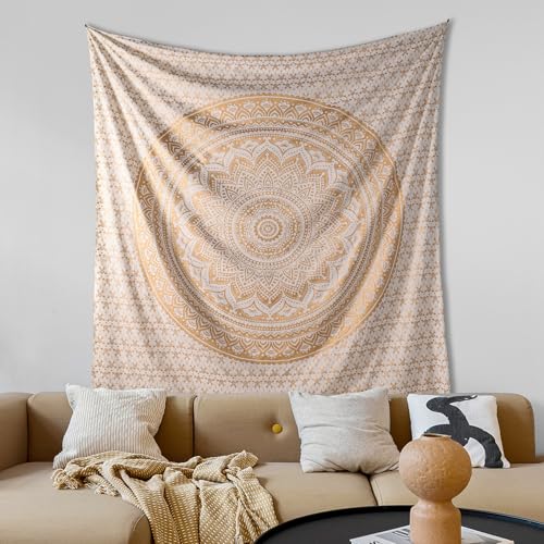 THE ART BOX Glittering Gold Tapestry Wall Hanging Mandala- Indian Cotton Throw Hippie Tapestries - Boho Bedding White Golden Queen Bedspread 85x90 inches-Meditation Yoga Rugs Mats - color: Gold and White, size: 85"L x 90"W