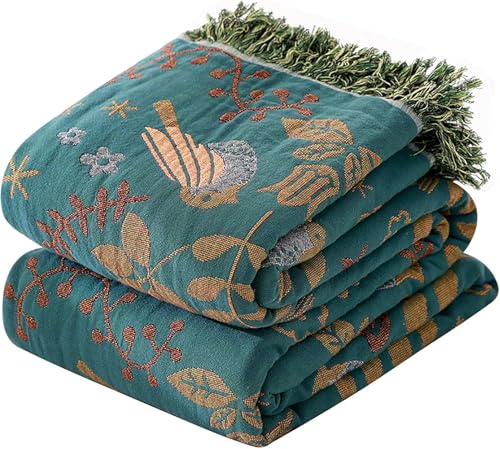 King Throw Blanket for Bed Couch,100% Organic Cotton Reversible Soft Quilt, Birds and Floral Breathable Muslin Blankets,90"×108" Extra Large Lightweight Sofa Throws for 3 4 Seater with Tassels,Teal - color: Animal Spring Bird, size: 90"x108"