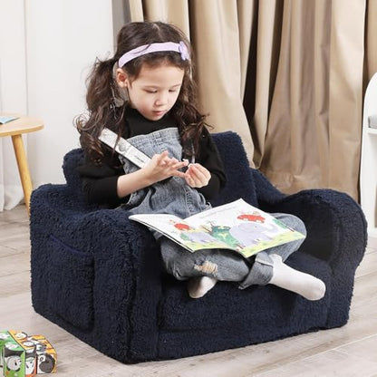 MOMCAYWEX Kids Sofa, 2-in-1 Flip-Out Foam Couch with Soft Sherpa Cover, Cozy Play Lounge Chair, Dark Blue - color: Dark Blue, size: Medium