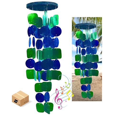 Bellaa 24858 Wind Chimes Outdoor, Garden Decorations, Musical, Indoor/Outside Windchimes, Beach, Ocean Breeze, Gifts for Mom, Gift for All Occasions, Capiz Sea Glass Shells Wood 27 inch Green Blue - color: Green Blue Flowers