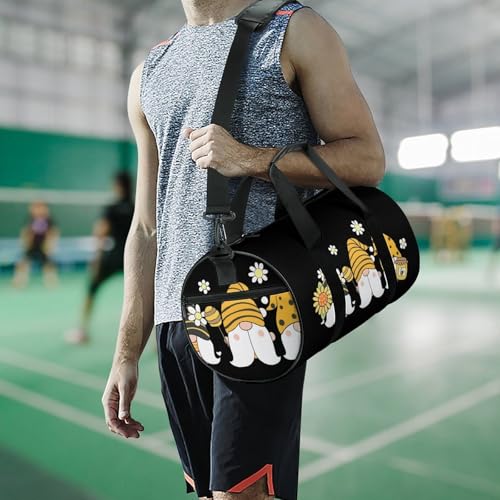 Sunflower Bee Cute Cartoon Gnome Black Cylindrical Portable Fitness Bag, Large Capacity Handbag - color: Sunflower Bee Cute Cartoon Gnome Black
