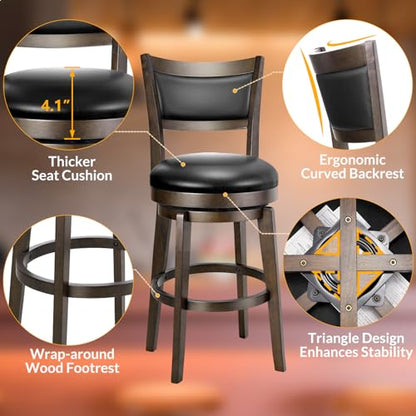 PrimeZone Swivel Bar Stools Set of 2, 24 Inch Counter Height Barstools, Black Faux Leather Bar Stool with High Backrest & Solid Wood Legs & Wrap-around Footrest, Counter Stools for Kitchen Island, Pub - size: 24" Counter Height