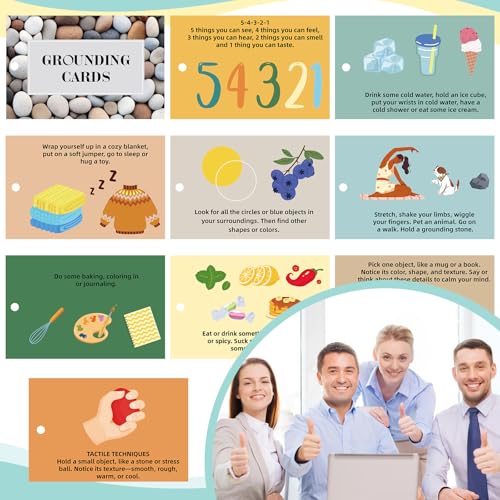 AmazingSpark 10 Pcs Grounding Card Coping Skills Card for Anxiety & Stress Relief with Metal Binder Rings Mindfulness Flashcard Meditation & Self-Care Tools Mental Health Therapy Gift for Adults Teens