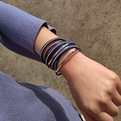 Artilady Leather Wrap Bracelets for Women - Pearl Bracelets Handmade Clasp Bangle Bracelet with Beads Jewelry Gift for Women and Mother - style: Blue with Gold bar