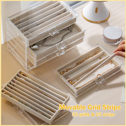 Necklace Organizer Box with 5 Drawers 30 Compartments, Dustproof Velvet Necklace Display Tray, Acrylic Necklaces Display Case, Pendant Chains Necklace Storage Tray Gift for Women and Girls (Beige) - color: Beige