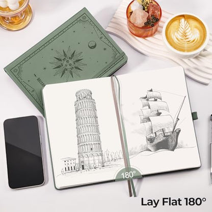 EMSHOI A5 Notebook Blank Journal - 320 Pages, 100gsm Thick Paper, Hardcover Leather, Art Sketchbook for Drawing, Unlined, Plain Sketch Book for Women Men Work Writing, 14.5 x 21cm, Light Green