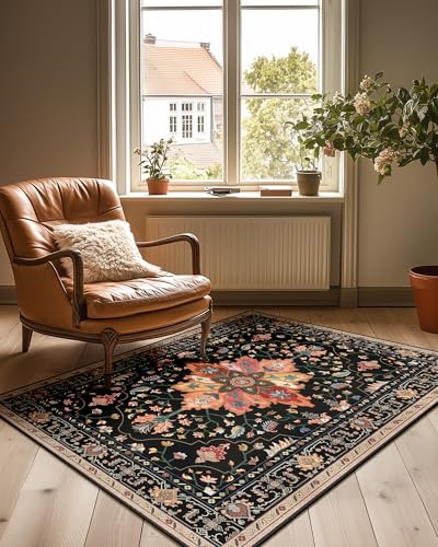 RELEANY Area Rugs 3'x4' Washable Non-Slip, Floral Vintage Distress Medallion Carpet for Living Room Bedroom Dining Room, Black Colorful Floral Dark Tan - color: Black/Colorful, size: 3' X 4' (Rectangular)
