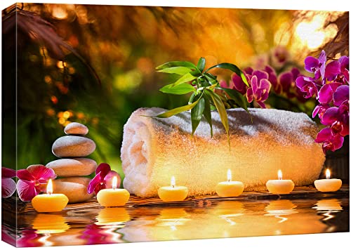 wall26 Canvas Print Wall Art Sunset Yoga Meditation Bath Towel Candle Orchids Nature Wilderness Photography Realism Rustic Landscape Colorful Multicolor for Living Room, Bedroom, Office - 12"x18" - color: A49-2203-vee12, size: 18"L x 12"W