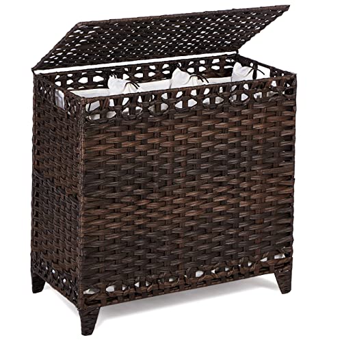 Laundry Hamper with 3 Removable Liner Bags; 132L Handwoven Rattan Laundry Basket with Lid & Heightened Feet; Clothes Hamper with Side Handles; Laundry Sorter with 3 Separate Sections