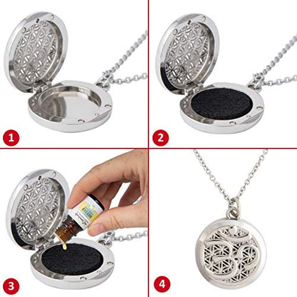 Wild Essentials Pewter Aum Essential Oil Diffuser Necklace Gift Set with Inner Calm & Relax Oils – Nickel Free Alloy Pendant with 12 Color Pads – USA Made Oils & Perfume Necklace – Family Company - color: Pewter Aum, size: 2 Oils
