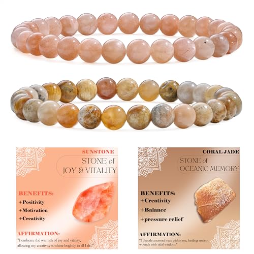 Bivei 3-Piece 4mm Beaded Bracelets for Women Handmade Natural Crystal Stretch Elastic Jewelry Yoga Meditation Protection Gifts - color: Sunstone + Coral Jade, size: 6mm