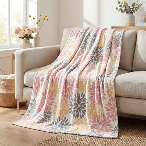 Horaldaily Pink Yellow Grey Dahlia Pinnata Flannel Blanket Throw, Spring Summer Easter Floral Soft Fuzzy Plush Cozy Fleece Blanket for Couch Sofa Bed Lounging, Ideal Gifts for Kids Adults Self, 50x60 - color: Pink Yellow Grey, size: Throw(50x60'')