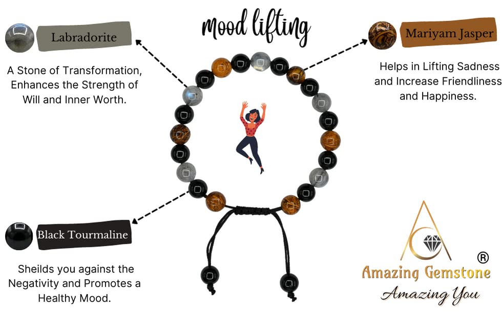 Amazing Gemstone Mood Bracelets for Kids Women Men Manifestation - Labradorite Mariyam Jasper Black Tourmaline Bracelet Set for Men Women Healing Calming Anxiety Stress Relief Gifts (Adjustable) - color: Mood Lifting
