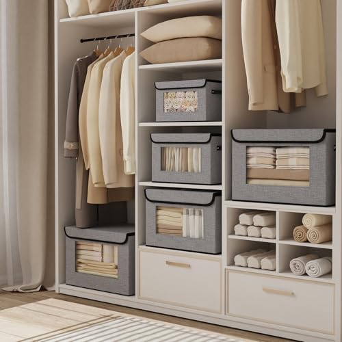 Fabric Storage Bin with Lid, Storage Box with Handles, 10.2 x 7.8 x 6.7 Inch Closet Organizer for Shelves Organization, Gray, 1-Pack