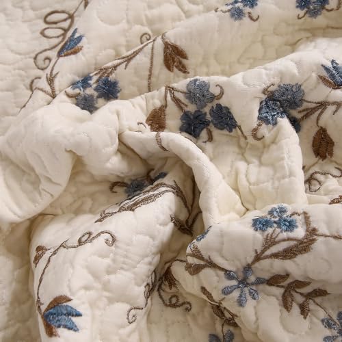 vctops 100% Cotton Quilted Throw Blanket 50x60 Inch Floral Embroidered Reversible Patchwork All Season Throw (Blue,50"x60") - color: Blue