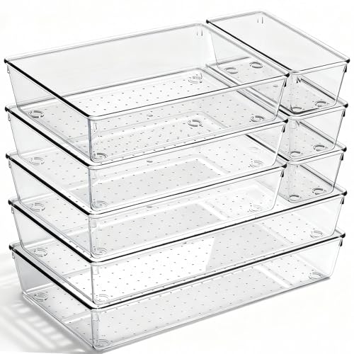 8 Pack Large Clear Plastic Drawer Organizer Bins - Acrylic Bathroom Drawer Organizer Trays - Heavy Duty Kitchen Drawer Dividers for Utensils - Non-Slip Storage Bins for Makeup, Bedroom, Office Desk - size: 8 Pack