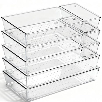8 Pack Large Clear Plastic Drawer Organizer Bins - Acrylic Bathroom Drawer Organizer Trays - Heavy Duty Kitchen Drawer Dividers for Utensils - Non-Slip Storage Bins for Makeup, Bedroom, Office Desk - size: 8 Pack
