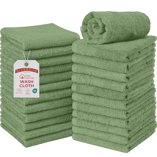 RIVERSIDE Pack of 24 Wash Cloths for Showering, 12 x 12 Inches, Super Soft & Absorbent, 100% Cotton Washcloths Premium Quality Flannel Face Cloths for Bathroom, Gym, Spa (Sage Green, 24 Pack) - color: Sage Green