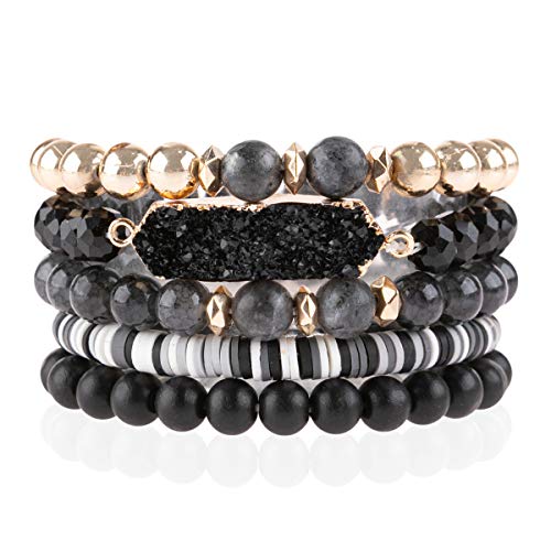 RIAH FASHION Bohemian Acrylic Druzy Multi-Layer Bead Statement Bracelet - Versatile Faux Stone Pendant Stretch Strand Stackable Cuff Bangle Set Sparkly Crystal - color: Long Druzy Multi Bead - 5 Layer Black