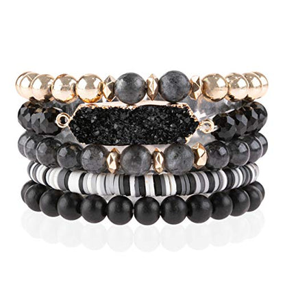 RIAH FASHION Bohemian Acrylic Druzy Multi-Layer Bead Statement Bracelet - Versatile Faux Stone Pendant Stretch Strand Stackable Cuff Bangle Set Sparkly Crystal - color: Long Druzy Multi Bead - 5 Layer Black