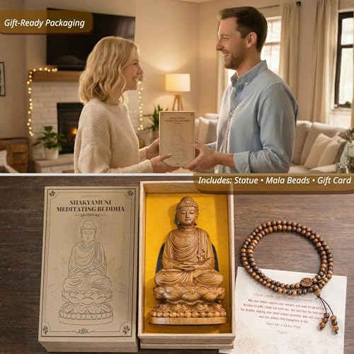 Buddha Statue – Wooden Shakyamuni Buddha for Indoor Home Altar, Meditation Room Decor, Buddhist Spiritual Gifts - style: Meditating Buddha on Lotus