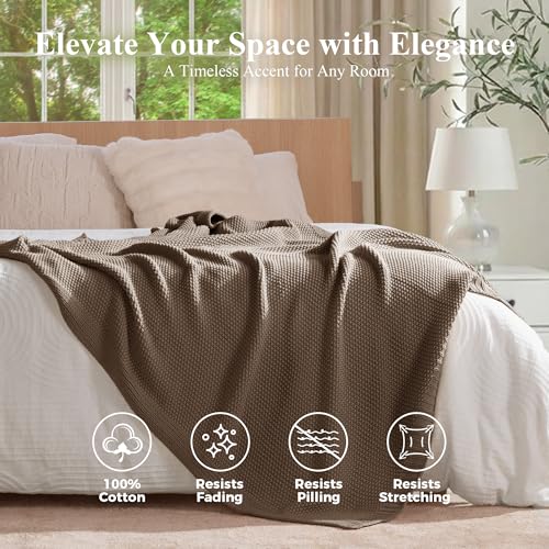 100% Cotton Cable Knit Throw Blanket, Lightweight Soft Knit Blanket for Sofa Couch Bed, Breathable All-Season Throw, Cozy Decorative Blanket, 50 x 60 Inch,Taupe