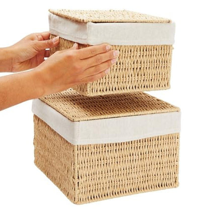 Juvale Wicker Storage Bins with Lids and Insert - Set of 2, 10 x 10 x 7 in & 8 x 8 x 6 in, Brown - Rectangular Lined Baskets with Lids & Insert for Organization