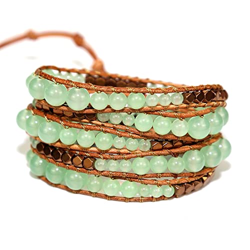 Boho Wrap Bead Bracelet for Women - Handmade Adjustable Natural Stone Beaded Bracelets Yoga Healing Bracelet Bangle Hippie Jewelry - color: Green Aventurine