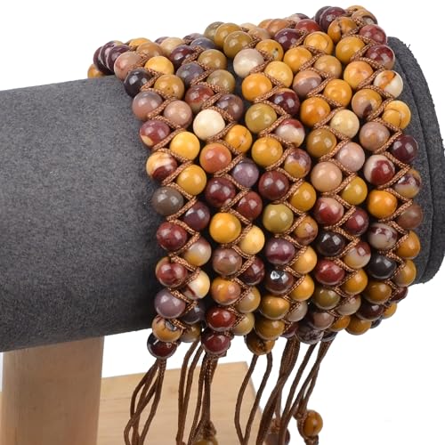 MASSIVE BEADS Double Layer Natural Chakra Healing Power Crystals Macrame Bracelet Yoga Stone Beads Gemstone Meditation Relax Anxiety Bangle for Unisex Women Men - color: Mookaite Jasper, size: 4mm