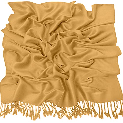 CJ Apparel Solid Color Tassels Design Nepalese Shawl Scarf Wrap Stole Throw Head Wrap Pashmina Gift Hand Made in Nepal New - color: Light Gold Mix