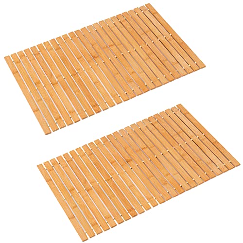 Bath Mat Bathroom Rugs Floor Wood Shower Bathtub Waterproof Non Slip Natural Accessories 16x24 Inch Easy to Clean, 2 pcs - color: Striped Natural, size: 16x 24 Inch-2 pcs