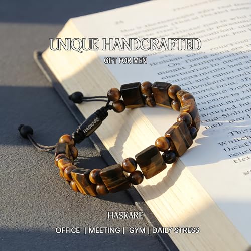 Tiger Eye Bracelet for Men, HASKARE Natural Men Beads Bracelet Energy Healing Stone Protection Crystals for Anxiety, Genuine Crystal Mens Beaded Bracelet Drawstring Unique Jewelry Gift for Mens Balance