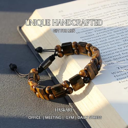 Tiger Eye Bracelet for Men, HASKARE Natural Men Beads Bracelet Energy Healing Stone Protection Crystals for Anxiety, Genuine Crystal Mens Beaded Bracelet Drawstring Unique Jewelry Gift for Mens Balance