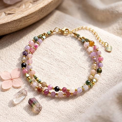 Farfume Beaded Bracelets for Women, Chakra Crystal 4mm Beads Gemstone Natural Stone Bead Spiritual Jewelry Gifts for Women - color: Rainbow Tourmaline-Happiness