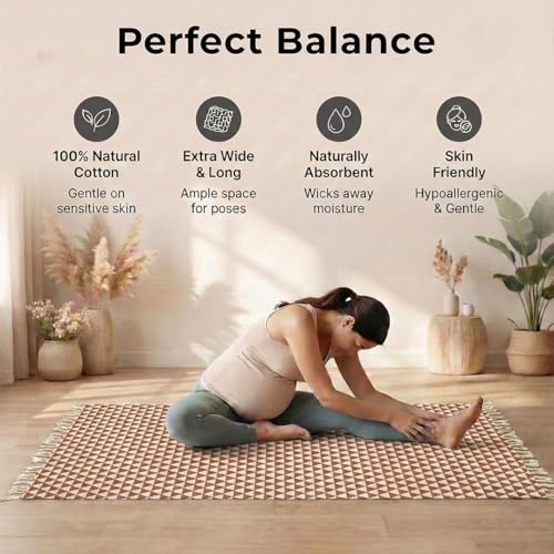 VINYASA Handwoven Cotton Yoga Rug Mat – Naturally Dyed | Absorbent, Washable Yoga Mat/Fitness Rug, Hatha, Pilates & Meditation - Non-Slip Grip | Extra Long & Wide | Trikon Series - color: Cutch