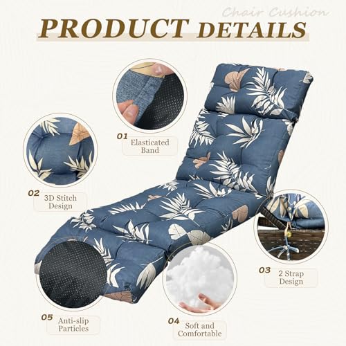 Outdoor Chaise Lounge Chair Cushion 75.1 x 23.6 x 4.7in, Waterproof Replacement Cotton Patio Thickened Pool Lounge Chair Cushion with Ties for Patio Outdoor Furniture,Tropical Leaf - color: Tropical Leaf