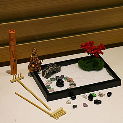 Mini Meditation Zen Garden Kit - Japanese Tabletop Rock Sand Chakra Buddha Garden Home Office Desk Decor Gifts for Father Mother Birthday - Sandbox w/Rake Tool Accessories