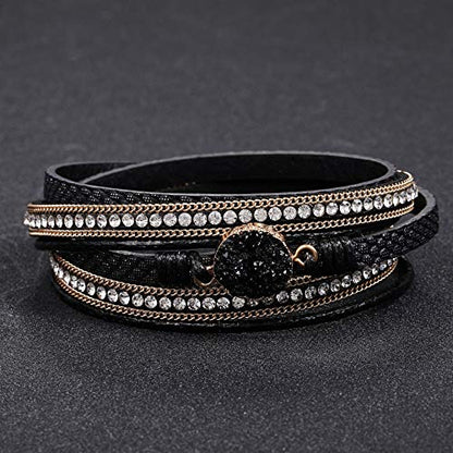 Fesciory Leather Wrap Bracelets for Women, Boho Leopard Multi-Layer Crystal Beads Cuff Bracelet Jewelry - color: Black Stone1
