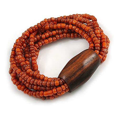 Avalaya Multistrand Dusty Orange Glass Bead with Brown Wooden Bead Flex Bracelet - Medium