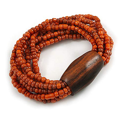 Avalaya Multistrand Dusty Orange Glass Bead with Brown Wooden Bead Flex Bracelet - Medium